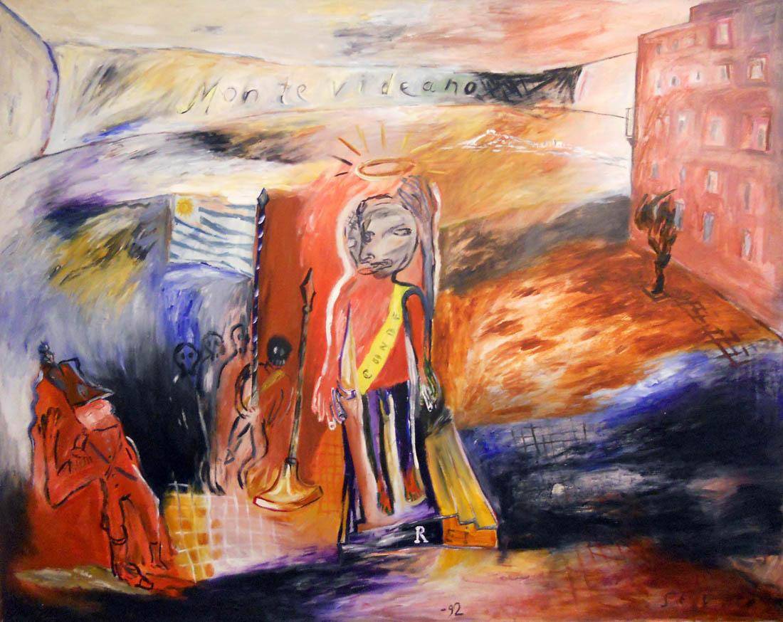 Entrada de Ducasse en Montevideo , 1992. Carlos Seveso (1954). Técnica mixta sobre tela.  130 x 160 cm. Nº inv. 5329.