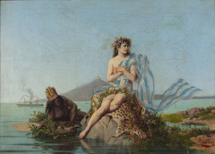 Resurgimiento de la Patria, 1898. Juan Manuel Blanes (1830-1901). Óleo sobre tela. 32 x 44 cm. Nº inv. 1142. - Borramientos, invenciones y faltantes indígenas en el acervo - Museo Nacional de Artes Visuales