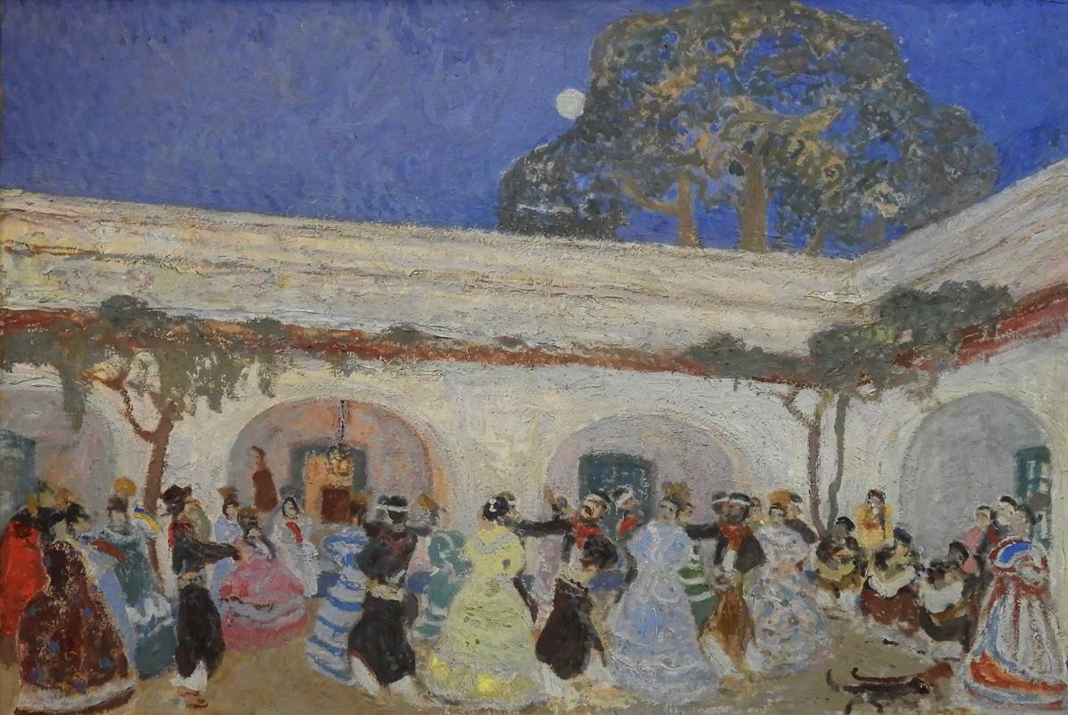 Pericón en el patio de la estancia, c.1925. Pedro Figari (1861-1938). Óleo sobre cartón.  70 x 100 cm. Nº inv. 1073.