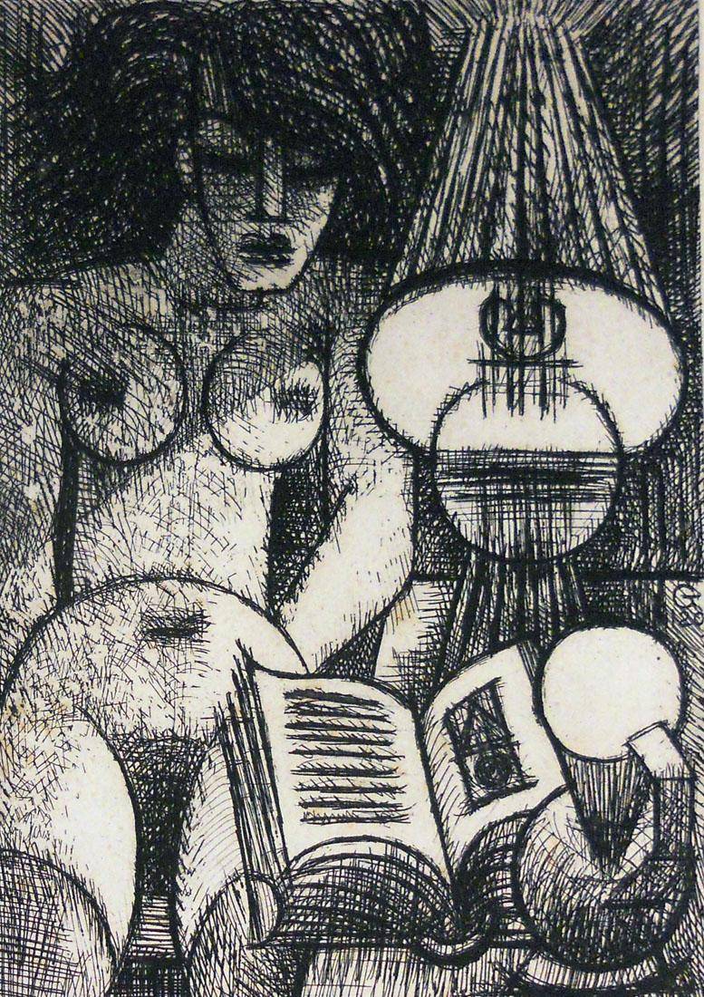 Desnudo bajo la lámpara. Marcel Gromaire (1892-1971). Aguafuerte.  24 x 18 cm. Nº inv. 1481.