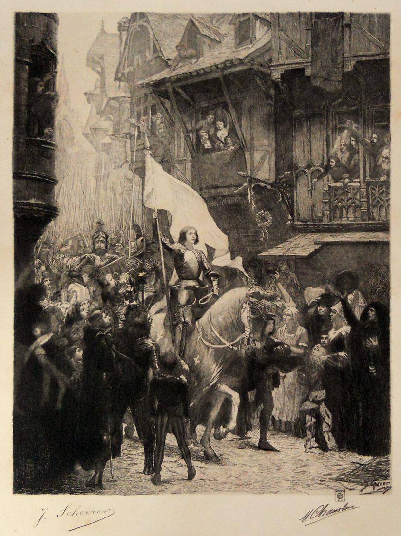 Entrada de Juana de Arco en Orleáns. M. Chambón (1876-1962). Aguafuerte.  40,5 x 30,5 cm. Nº inv. 162.