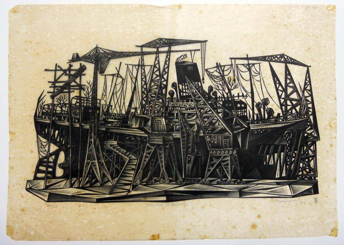Relitto in bacino, 1952. Tranquillo Marangoni (1912-1992). Grabado.  30,5 x 51,5 cm. Nº inv. 1740.