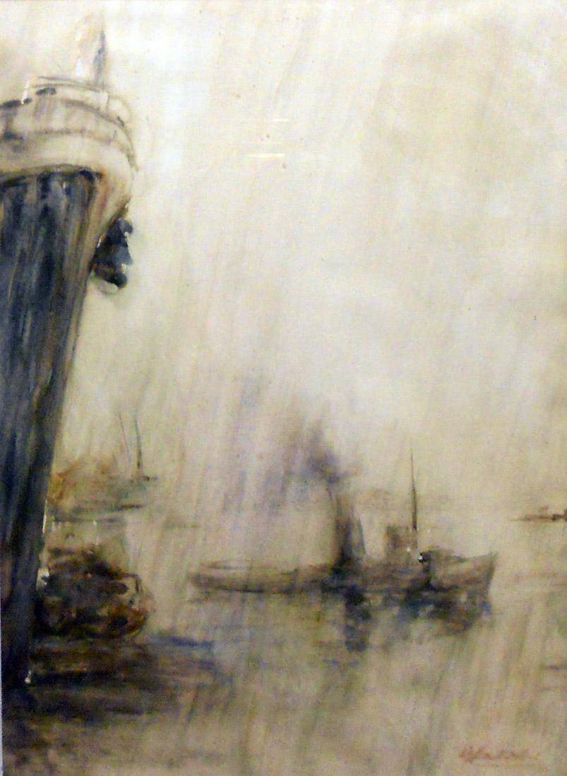 Lluvia en el puerto. Julio César Michielli (1939-1987). Acuarela sobre papel.  94 x 62 cm. Nº inv. 2155.