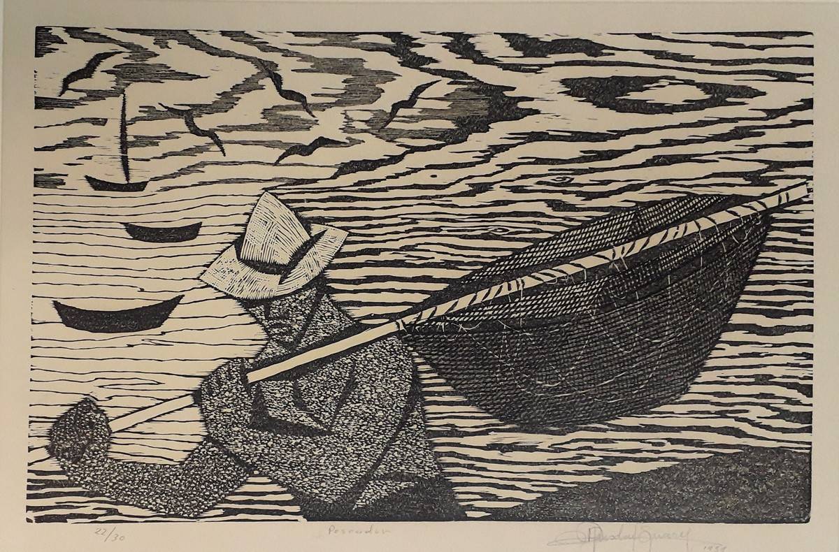 Pescador, 1959. Ruisdael Suárez (1929-2004). Xilografía.  32 x 54,5 cm. Nº inv. 2245.