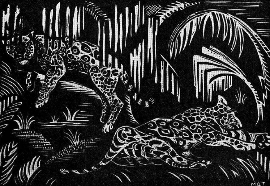 Jaguares en descanso, c.1947. Angélica Togores (1907-1985). Xilografía.  17,5 x 25 cm. Nº inv. 2398.