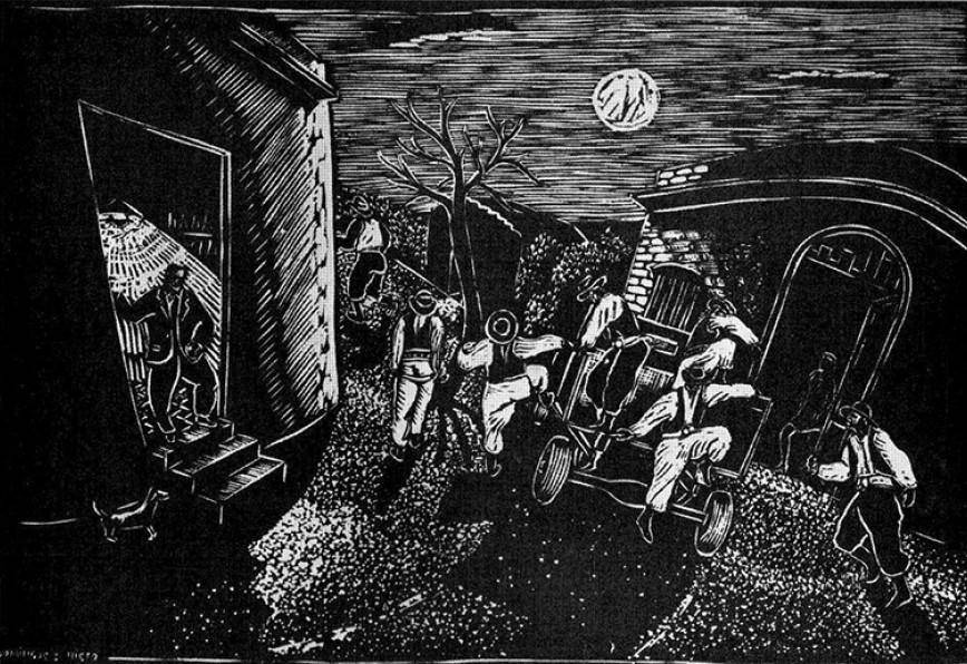 Sombras sobre la tierra, 1947. Manuel Domínguez Nieto (1919-2002). Xilografía.  26,00 x 36,50 x   cm, Nº inv. 2424.