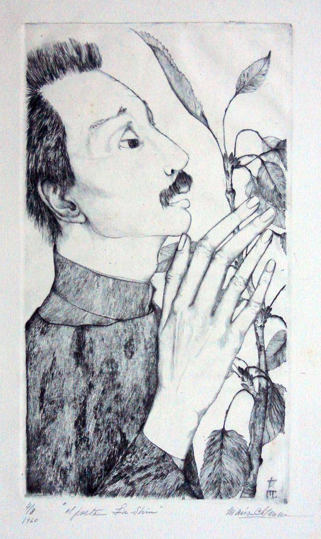 El poeta Lu-Shin, 1960. María Carmen Portela de Sosa (1898-1983). Punta seca.  33 x 18,5 cm. Nº inv. 2892.