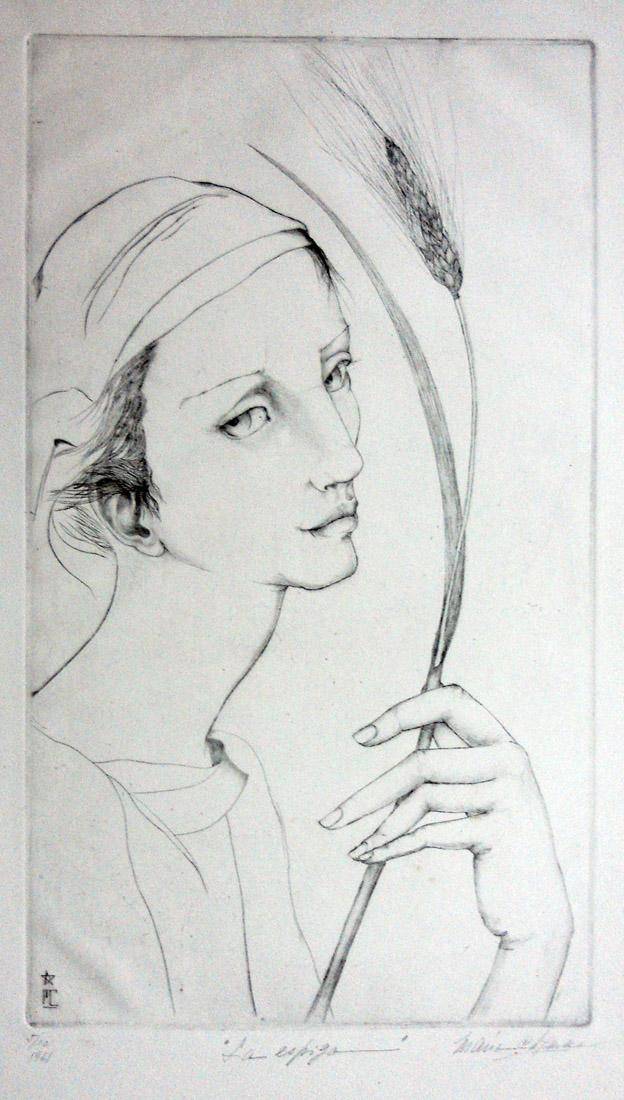 La espiga, 1961. María Carmen Portela de Sosa (1898-1983). Punta seca sobre cartulina.  45,5 x 26 cm. Nº inv. 2893.