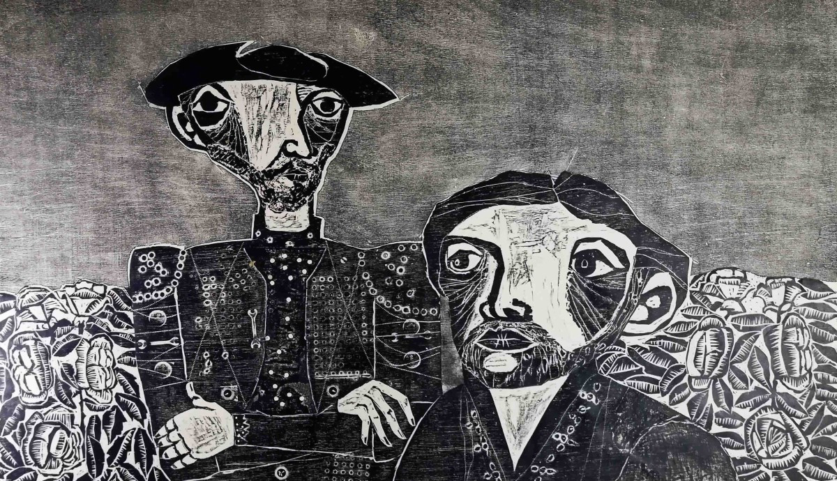 Don Quijote y Sancho en el jardín, 1966. Miguel Bresciano (1937-1979). Xilografía.  59,00 x 100,0 x   cm. Nº inv. 2920.