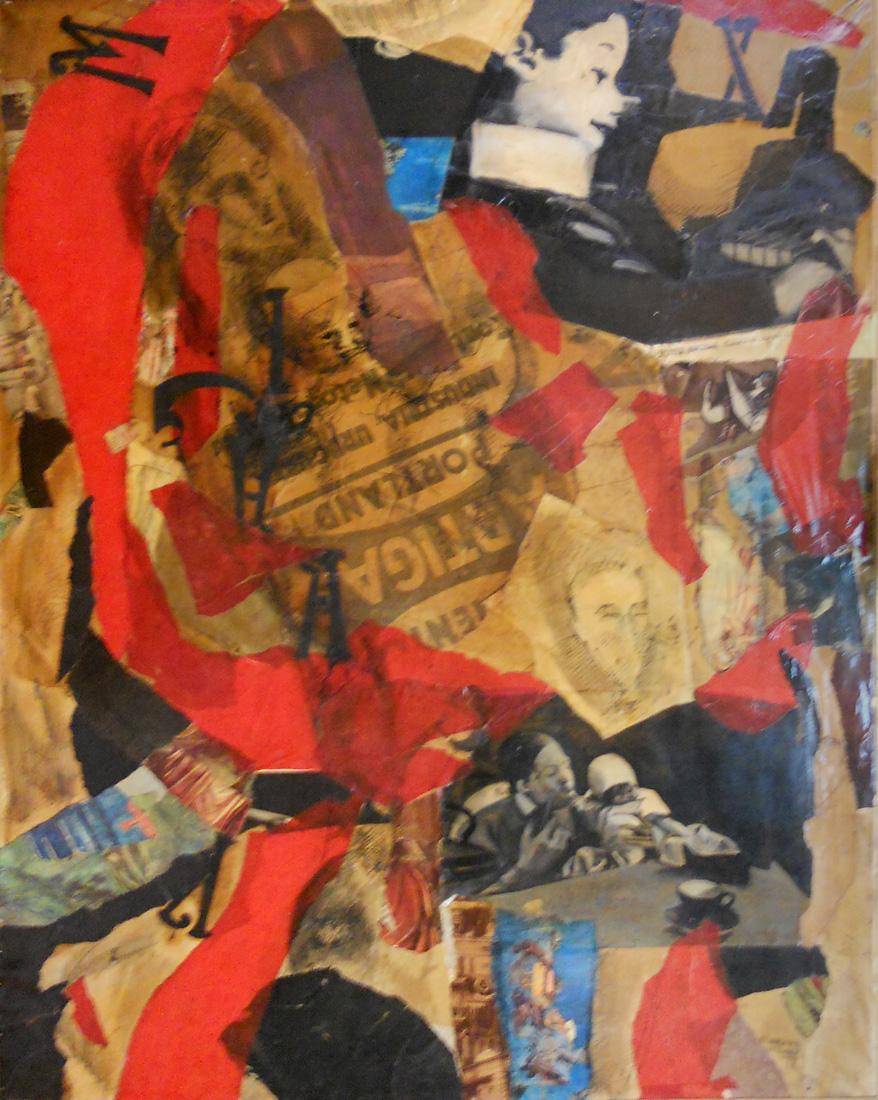 Collage con figuras I, 1957. Clarina Vicens (1938). Collage - Óleo y tinta sobre tela.  100 x 90 cm. Nº inv. 3073.