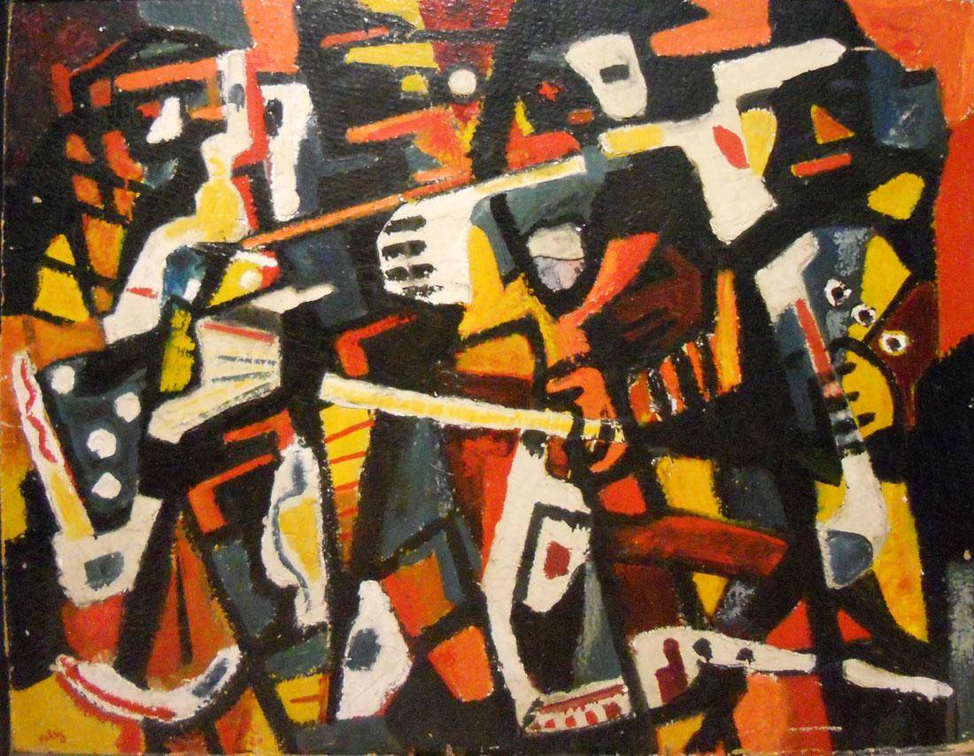 Músicos de jazz. Adolfo Halty (1915-1974). Medios combinados.  119 x 145 cm. Nº inv. 3643.