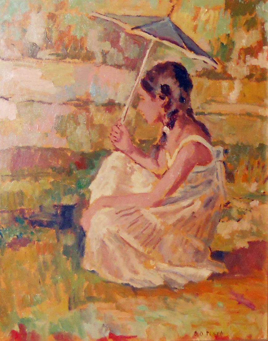 Niña en el jardín, 1981. María Olga Piria de Jaureguy (1927). Óleo sobre tela.  44,3 x 35,3 cm. Nº inv. 3961.