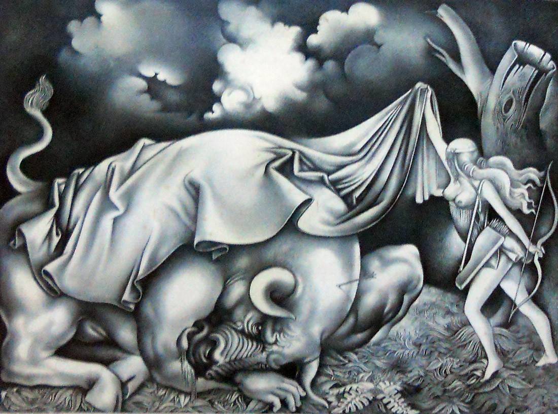 Minotauro abatido por Diana. Nelson Romero (1951-2012). Dibujo sobre papel.  60 x 40 cm. Nº inv. 4001.