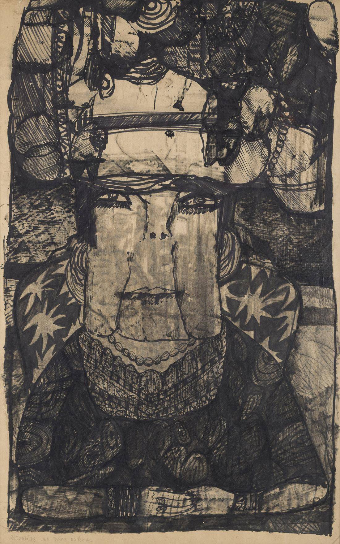 Retrato de una dama especial. Jorge Páez Vilaró (1922-1994). Tinta sobre papel.  82 x 52 cm. Nº inv. 4966.