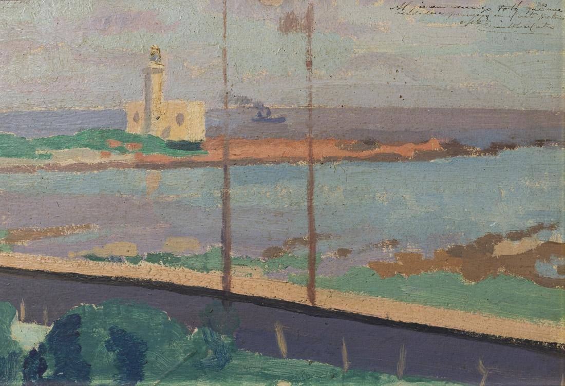 Faro de Punta Carretas, 1928. César Pesce Castro (1890-1977). Óleo sobre cartón.  24 x 35  cm. Nº inv. 5115.