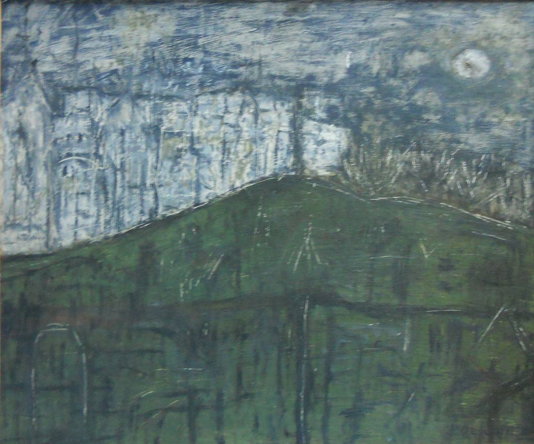 Texturas de una noche - Vista de Tacuarembó. Eva Olivetti (1924-2013). Óleo sobre madera.  50 x 60 cm. Nº inv. 5132.