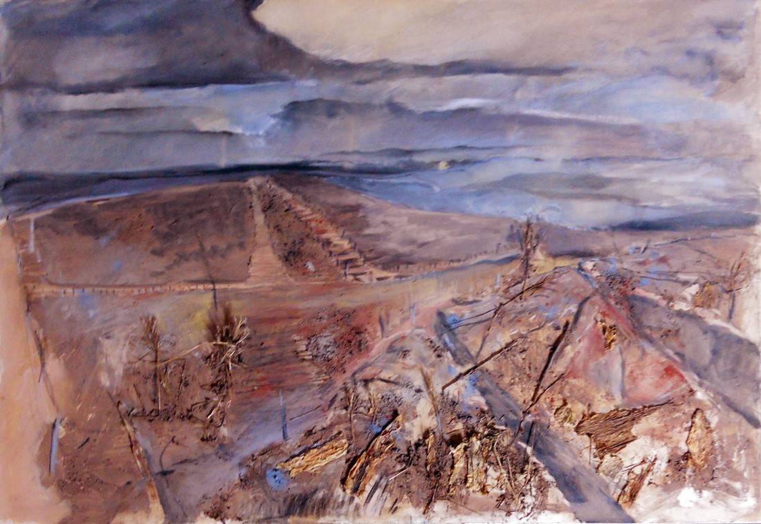 Tierra de nadie, 2014. Augusto Gadea (1989). Arcilla, ramas, hierbas, corteza, acrílico sobre lienzo.  390 x 93 cm, Nº inv. 5226.