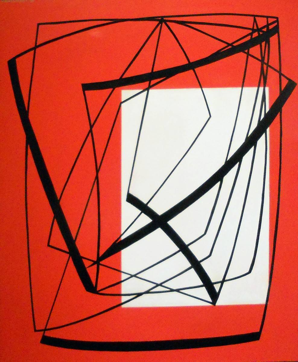 Estructura sobre fondo naranja. Raúl Pavlotzky (1918-1998). Laca sobre chapa.  53 x 67 cm. Nº inv. 5754.