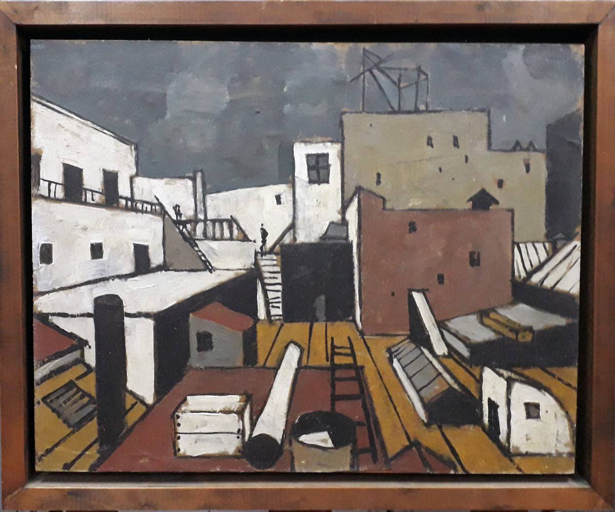Paisaje en perspectiva desde su taller, c.1947. Gonzalo Fonseca (1922-1997). Óleo sobre cartón.  42 x 54 cm. Nº inv. 6390.
