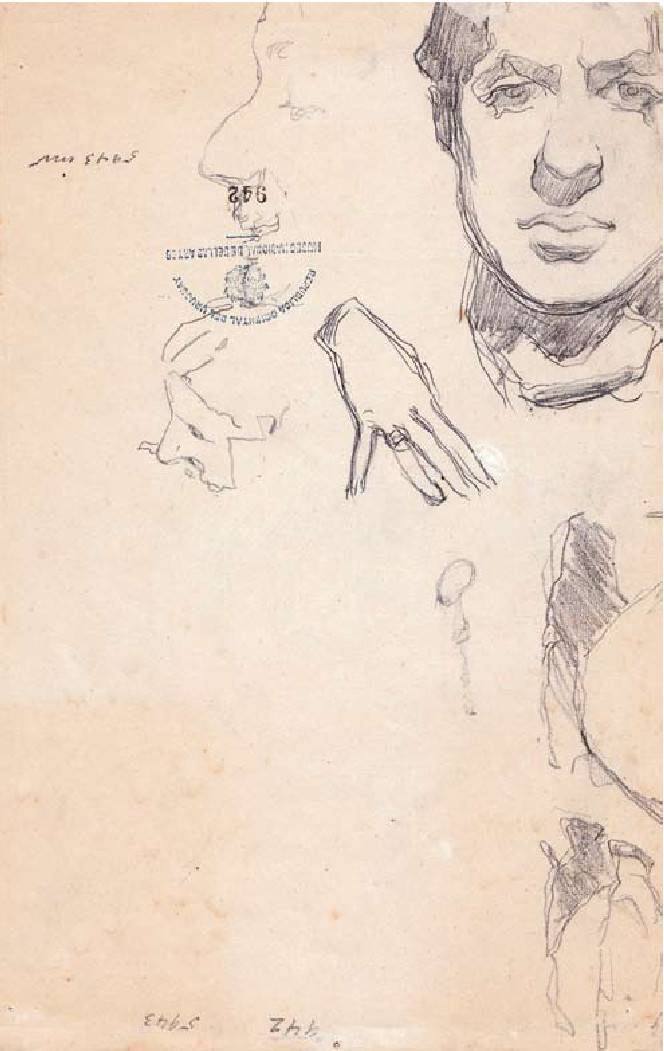 Estudio con autorretrato, 1900. Carlos Federico Sáez (1878-1901). Dibujo a lápiz.  30 x 18 cm. Nº inv. 942B.