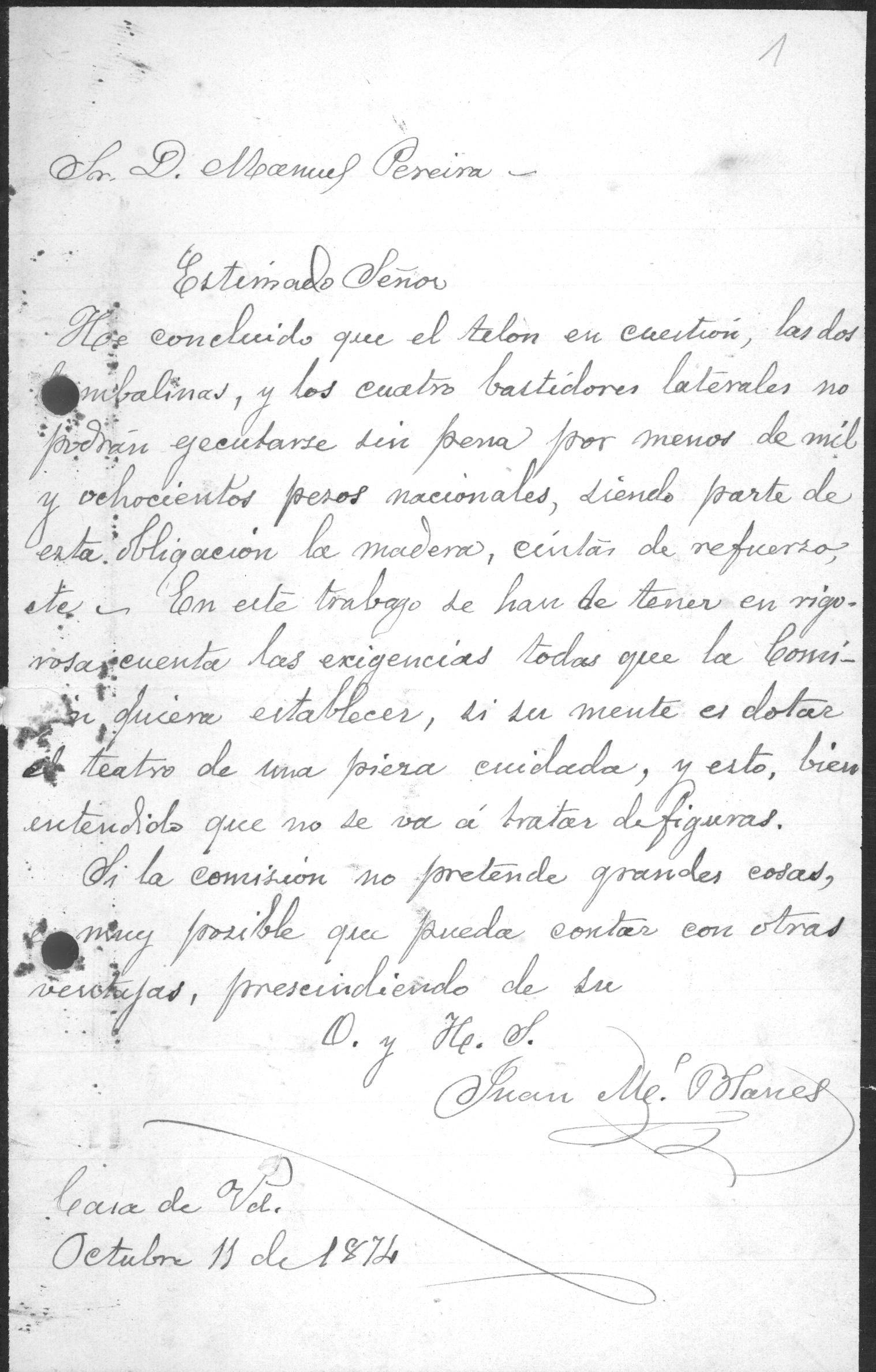 Cartas de Juan Manuel Blanes - Carta de J.M.B. al Sr. D. Manuel Pereira   , 11/10/1874
