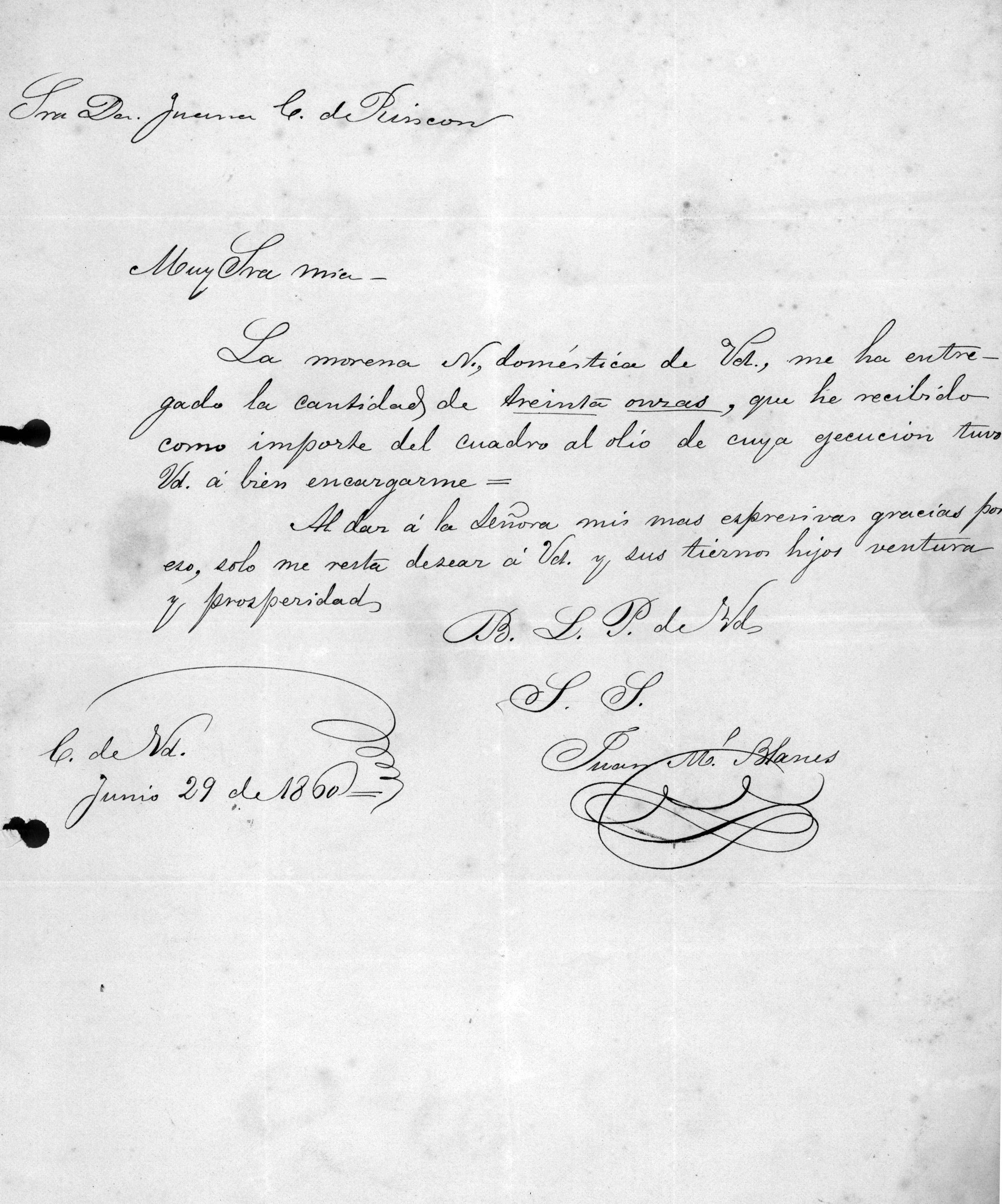 Cartas de Juan Manuel Blanes - Carta de J.M.B. a la Sra. Juana C. de Rincón, 29/06/1860