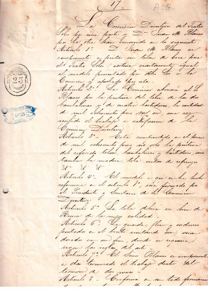Cartas de Juan Manuel Blanes - Contrato para telón del teatro Solís , 15/03/1875