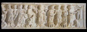 La fe y el arte - Frente de sarcófago con escenas del <br>Antiguo y del Nuevo Testamento<br>320 - 340 d.c.<br>Mármol