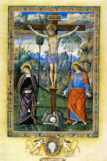 Catálogo de la muestra 'La fe y el arte' - Segunda sección - Perugino PEDRO DE CRISTÓFORO VANUCCI<br>CRUCIFIXIÓN, 1496ca.<br>Témpera sobre pergamino<br>38 x 28 cm